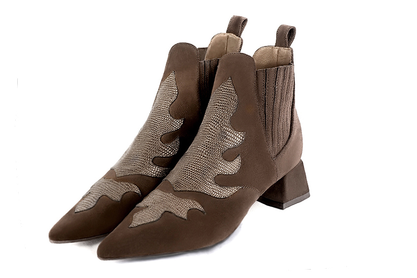 Chocolate brown and bronze beige women's ankle boots, with elastics. Pointed toe. Low flare heels. Front view - Florence KOOIJMAN